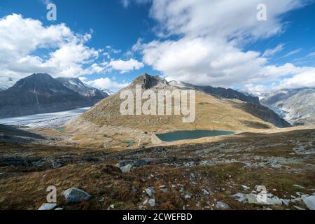 Wandern in der Nähe des Aletschgletschers, Schweiz Stockfoto