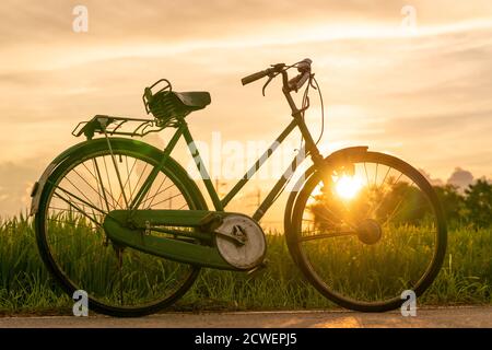 Altes rostiges Vintage-Fahrrad in Reisfeldern in der Nähe von Sonnenuntergang Stockfoto