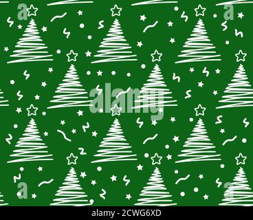 Vektor Nahtloses Muster mit Weihnachtsbäumen. Konfetti auf dunkelgrünem Hintergrund. Kann für Karten Weihnachten oder Frohes neues Jahr. verwendet werden Stock Vektor