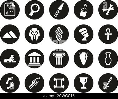 Archaeology Icons Weiß Auf Schwarz Flat Design Kreis Set Groß Stock Vektor