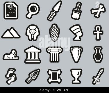 Archaeology Icons Weiß Auf Schwarz Sticker Set Groß Stock Vektor