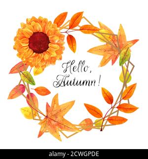 Hallo, Herbst Aquarell Herbstkranz mit Herbstblättern und einer Sonnenblume, auf weißem Hintergrund Stockfoto