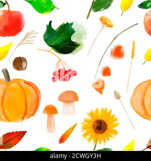 Nahtloses Muster Aquarell-Illustration von Herbstelementen: Kürbis, Apfel, Pilz, Viburnum, Dornen, Blätter, Sonnenblume, Walnuss auf Weiß Stockfoto