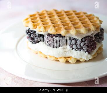 Goldene Waffeln mit Brombeeren und Frischkäse Stockfoto