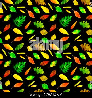 Nahtloses Muster Aquarell bunte Herbstblätter auf einem schwarzen Stockfoto