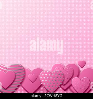 Valentinstag Hintergrund mit rosa Herzen und silbernen Muster. Silberner Luxus-Abdeckung auf roseitem Hintergrund. Rosa Feiertage Poster, Karte, hinzufügen, header, Website, Artikel für Valentinstag Stock Vektor