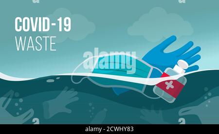 Coronavirus covid-19 Abfall und Verschmutzung in den Ozeanen: Chirurgische Maske, Einweghandschuh und Desinfektionsflasche schwimmend auf Wasser Stock Vektor