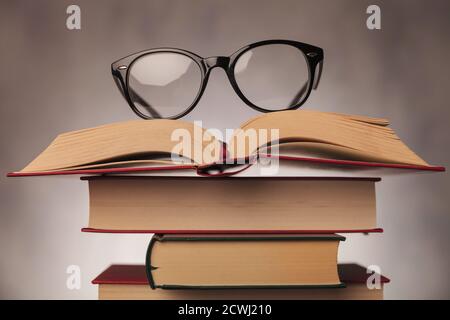 Ein Paar Gläser auf einem Bücherstapel, im Studio gedreht Stockfoto