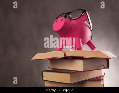 Seitenansicht eines pinken Sparschweines mit Brille und Stehen auf einem Stapel von Büchern - Bildung zahlt sich aus Konzept Stockfoto