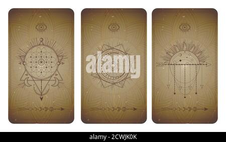 Vector Set aus drei Vintage-Hintergründe mit geometrischen Symbolen und Rahmen. Abstrakte geometrische Symbole und heilige mystische Zeichen in Linien gezeichnet. In Sepia Stock Vektor