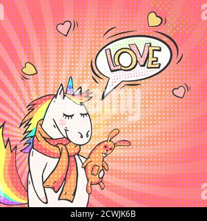 Helle Pop Art Hintergrund mit niedlichen Einhorn und Sprechblase LIEBE! Retro-Vektor-Illustration im Comic-Stil. , hell Pop Art Hintergrund mit niedlichen un Stock Vektor