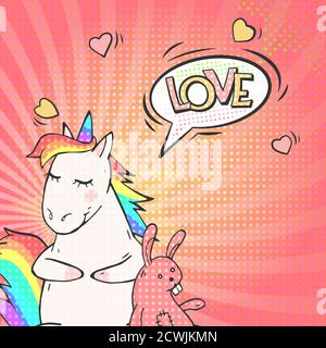 Helle Pop Art Hintergrund mit niedlichen Einhorn und Sprechblase LIEBE! Retro-Vektor-Illustration im Comic-Stil. , hell Pop Art Hintergrund mit niedlichen un Stock Vektor