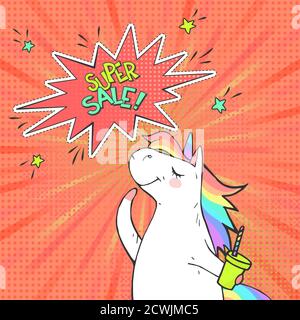 Werbung Pop Art Poster mit handgezeichneter Magie Einhorn im Retro-Comic-Stil. Sprechblase mit Text SUPER VERKAUF! Vektorhintergrund. Stock Vektor