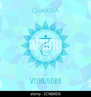 Vektor-Illustration mit Symbol Chakra Vishuddha auf abstraktem Hintergrund. Kreis-Mandala-Muster und handgezeichnete Schriftzüge. Mehrfarbig. Stock Vektor