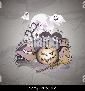 Vektor Halloween Illustration mit lächelnden Kürbissen, Hexenhut und Geist auf Grunge Hintergrund. Stock Vektor