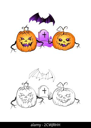 Halloween Illustration mit lächelnden Kürbissen, Fledermaus und Grab auf weißem Hintergrund. Zwei Varianten: Farbe und monochrom. Seite des Malbuches. Vektor. Stock Vektor