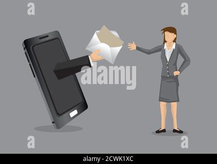 Professionelle Frau erhält Post aus einer Hand vom Handy, kreative Metapher für den Einsatz von Technologie bei der Arbeit und für die Wirtschaft. Cartoon Vektor Illust Stock Vektor