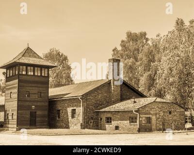 Oświęcim, Polen - 05. Juni 2019: Ansicht des Holocaust-Gedenkmuseums. Teil des Konzentrationslagers Auschwitz-Birkenau . Jüdisches Holocaust-Gedenkmuseum Stockfoto