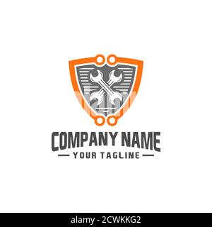Shield Repair Logo Template Design. Creative Vector Emblem, für Icon oder Design Concept. Stock Vektor