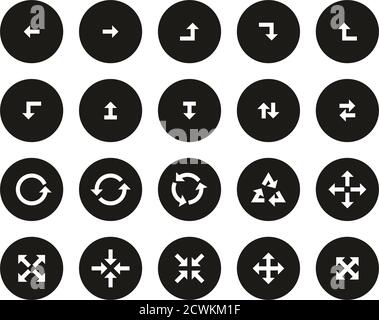 Pfeile Oder Navigationssymbole Weiß Auf Schwarzem, Flachem Design-Kreis Groß Einstellen Stock Vektor