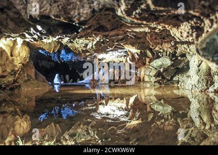 Im Inneren der Cheddar Caves in Somerset. Die verfügbare Lichtanzeige kann laut sein. 20. September Longleat Enterprises sagte, dass Cheddar Caves abd Gorge woul wäre Stockfoto