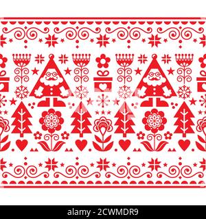 Weihnachten Santa Vektor nahtlose Muster, Scandianvian Volkskunst Stil festliche Ornament in rot und weiß Stock Vektor