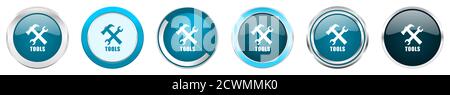 Tools silber metallic Chrom Grenze Symbole in 6 Optionen, von Web blau runde Tasten auf weißem Hintergrund einstellen Stockfoto