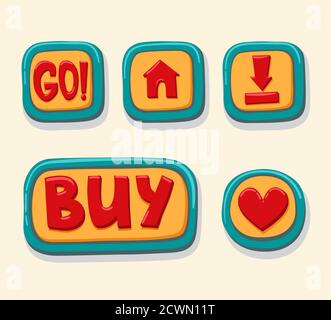 Handgezeichnete 3d-Webtasten für den Player. GEHEN, nach Hause, herunterladen, kaufen, wie. internet-Taste Farbe einstellen Stock Vektor