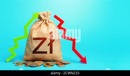 Polnische Zloty Geldbeutel und zwei Pfeile des Gewinnverlusts. Konzept der Einkommenskosten. Lastschrift und Gutschrift. Budgetdurchführung. Handelsbilanz. Einlagen oder Leihen Stockfoto