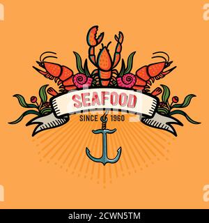 Meeresfrüchte im Cartoon-Stil. Restaurant-Logo mit Hummer, Garnelenschnecken, Seekohl und Anker. Stock Vektor