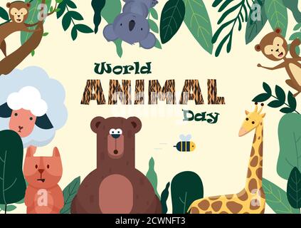 World Animal Day Poster mit niedlichen Illustrationen von Tieren wie Koala, Giraffe, Schaf, Affe, etc, Vektor Stock Vektor