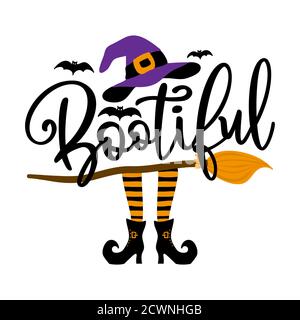 Bootiful (Beautiful boo) - Halloween-Zitat auf weißem Hintergrund mit Besen, Fledermäusen und Hexenhut. Gut für T-Shirt, Tasse, Schrott Buchung, Geschenk, Druck PR Stock Vektor