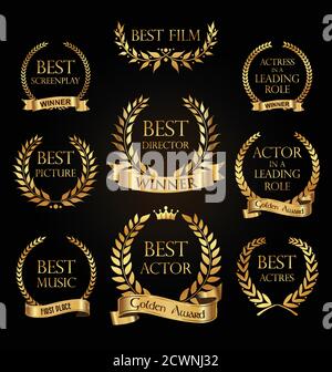 Kollektion von goldenen Label mit Lorbeerkranz Film Award Luxus Vorlagendesign Stock Vektor