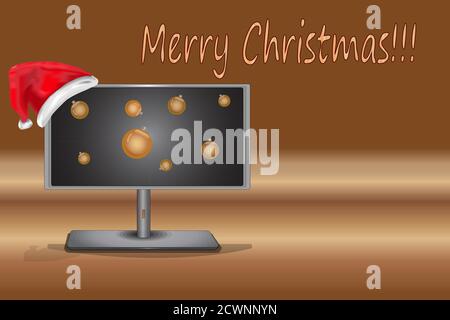 Banner mit Weihnachtsmonitor. Computer oder tv mit rotem Santas Hut und weihnachtskugeln auf dem Bildschirm auf braunem Hintergrund. Online-Shopping für Urlaub. Vektor Stock Vektor