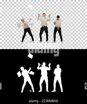 Drei Jungs werfen Dokumente in die Luft und beginnen zu Dance i Stockfoto
