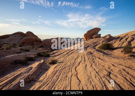 Nevada Desert Landscape. Wüstenlandschaft im Valley of Fire State Park, etwa eine Stunde von Las Vegas, Nevada entfernt. Stockfoto