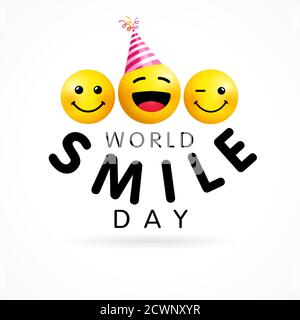 World Smile Day Designvorlage, 2. Oktober. Happy gelb lächelnde Symbole und Text, Web-Banner-Design. Vektor-Emoticon auf weißem Hintergrund. 3d-Stil Stock Vektor