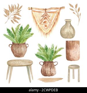 Moderne Boho Elemente des Innenraums. Home Dekor Macrame, Körbe mit Ästen, Holztisch und Stuhl isoliert auf weißem Hintergrund Stockfoto