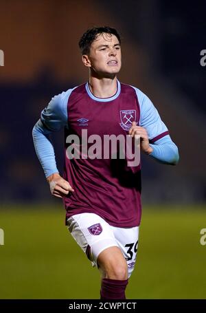 West Ham United's Alfie Lewis beim EFL Trophy Spiel im JobServe Community Stadium, Colchester. Stockfoto