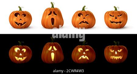 Halloween geschnitzte gruselige Kürbis-Set. Isoliert lächelnd, niedlich, lustig, glücklich, beängstigend, gruselige Gesichter. Oktober Urlaub Dekoration Vektor Illustration Stock Vektor