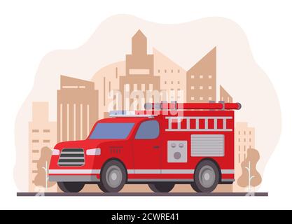 Feuerwehrauto.Notdienst rotes Fahrzeug.Rotes Feuerwehrauto mit Leiter. Stock Vektor