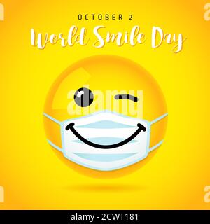 World Smile Day Wink Banner Vorlage, 2. Oktober. Happy gelb lächelndes Symbol in medizinischen Maske und Text. Vektor-Emoticon auf gelbem Hintergrund Design Stock Vektor