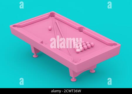 Pink Pool Billardtisch mit Kugeln Set und Queues als Duotone Style auf blauem Hintergrund. 3d-Rendering Stockfoto