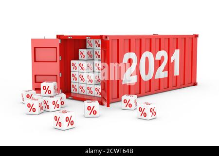 2021 New Year Red Cargo Shipping Container mit Discount Percent Cubes auf weißem Hintergrund. 3d-Rendering Stockfoto