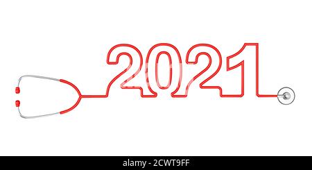 Rote Stethoskop-Schläuche bilden neues 2021-Jahres-Zeichen auf weißem Hintergrund. 3d-Rendering Stockfoto