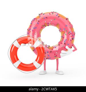 Big Strawberry Pink Glazed Donut Character Maskottchen mit Life Boje auf weißem Hintergrund. 3d-Rendering Stockfoto