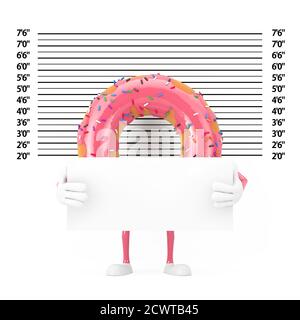 Big Strawberry Pink Glazed Donut Character Mascot mit Identifikationsplatte vor Polizei-Lineup oder Mugshot Hintergrund extreme Nahaufnahme. 3d-Rendering Stockfoto