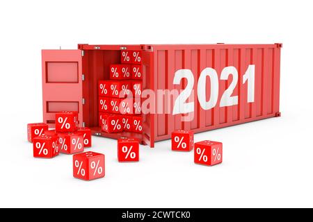 2021 New Year Red Cargo Shipping Container mit Discount Percent Cubes auf weißem Hintergrund. 3d-Rendering Stockfoto