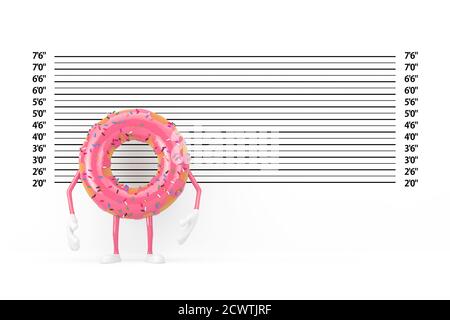 Big Strawberry Pink Glazed Donut Character Mascot vor Polizei-Lineup oder Mugshot Hintergrund extreme Nahaufnahme. 3d-Rendering Stockfoto