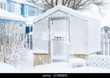 Kleines Haus Gewächshaus mit Schnee bedeckt. Stockfoto